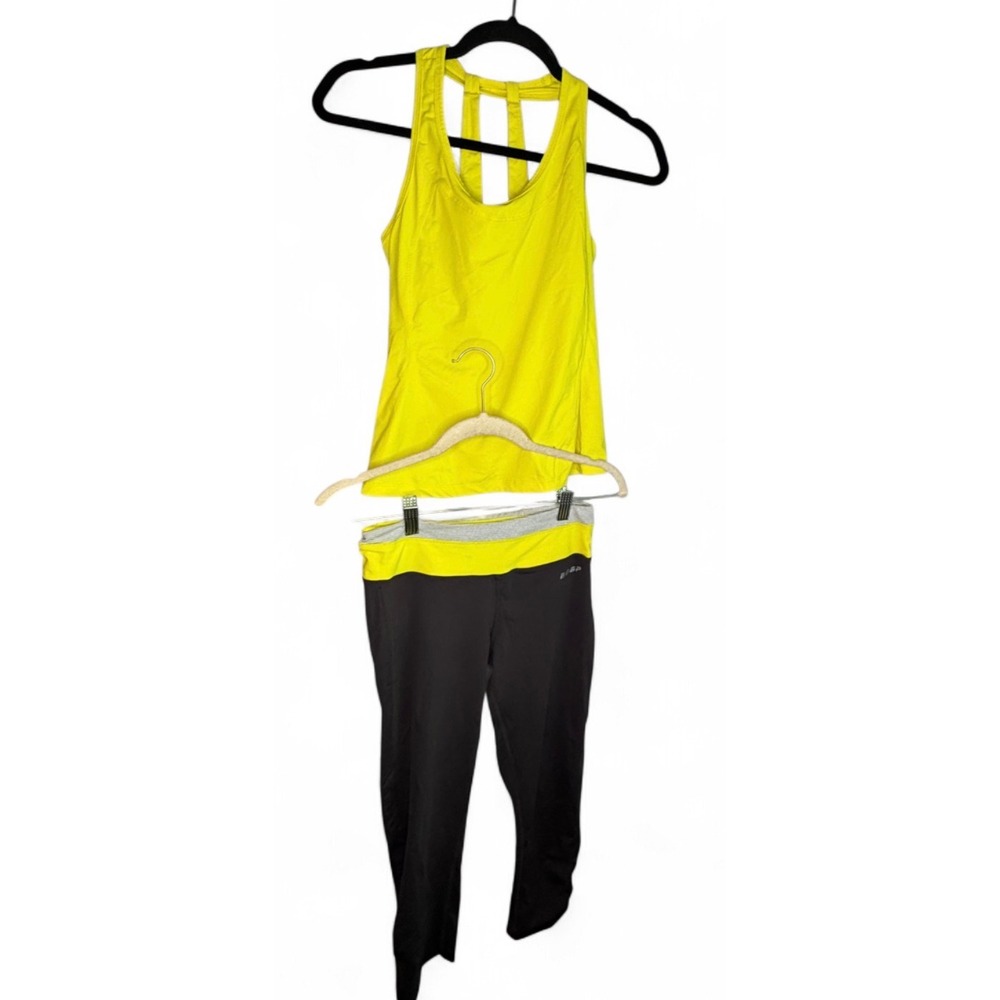 Bebe Sport Womens Y2K Yellow Racerback Tank and Black Cropped Leggings Set XS